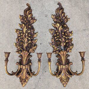 Syroco 2 Double Candle Holder Gold Wall Sconce Hollywood Regency 27" MCM Vintage